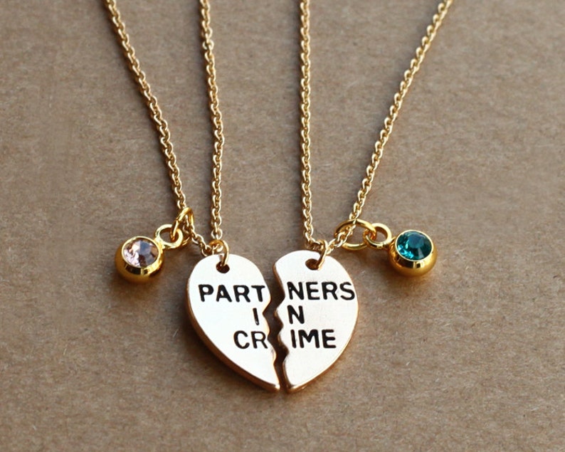 PARTNERS IN CRIME necklace, birthstone friendship necklace set, best friends, best bitches, broken heart set, sisters gift jwelry image 1