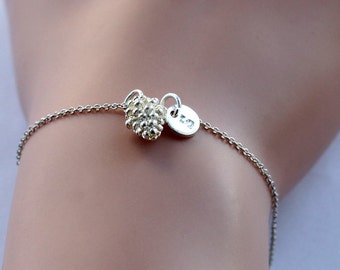 Initial Bracelet, Pine Cone Bracelet, Silver Tiny Pendant Pinecone Bracelet, Woodland Nature Pendant, Bridesmaid jewelry, Christmas Gift