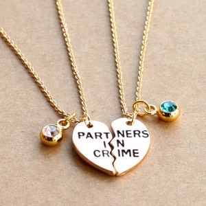 PARTNERS IN CRIME necklace, birthstone friendship necklace set, best friends, best bitches, broken heart set, sisters gift jwelry image 2