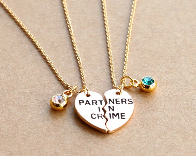 PARTNERS IN CRIME necklace, birthstone friendship necklace set, best friends, best bitches, broken heart set, sisters gift jwelry image 2