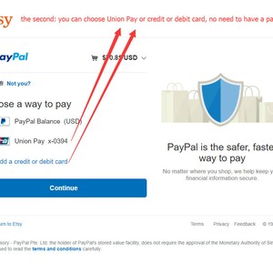 May include: A screenshot of a checkout page on Etsy.com. The page shows a total price of &pound;0.85 and offers multiple payment options, including PayPal Balance, Union Pay, and adding a credit or debit card. The text "PayPal is the safer, faster way to pay" is displayed below the payment options.