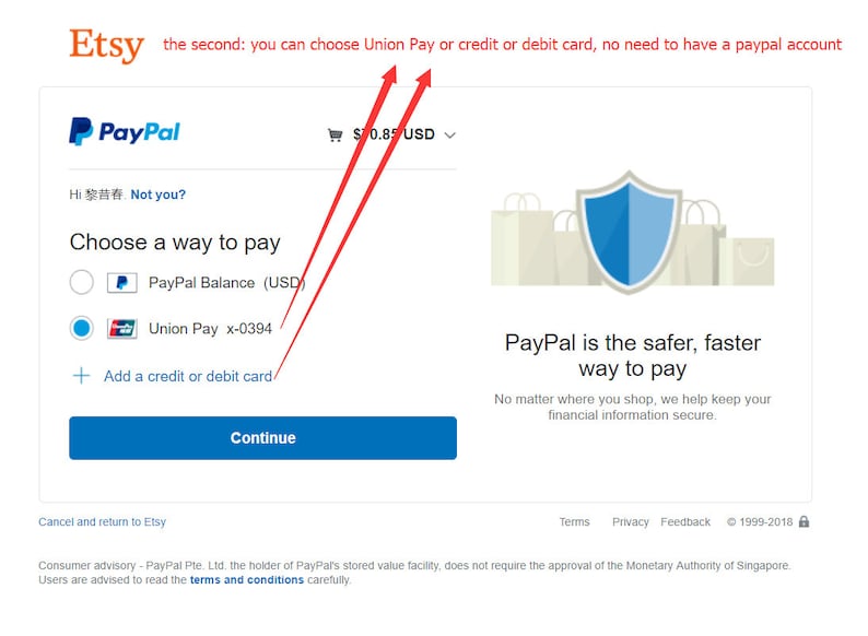 May include: A screenshot of a checkout page on Etsy.com. The page shows a total price of &pound;0.85 and offers multiple payment options, including PayPal Balance, Union Pay, and adding a credit or debit card. The text "PayPal is the safer, faster way to pay" is displayed below the payment options.