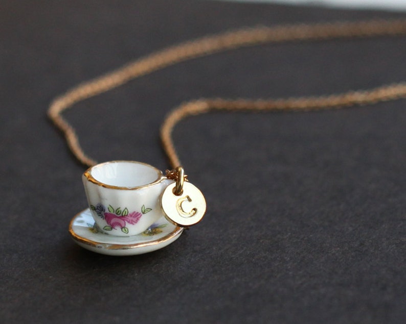 Tea Cup Necklace Personalized Initial Necklace Tiny Pink Tea Etsy
