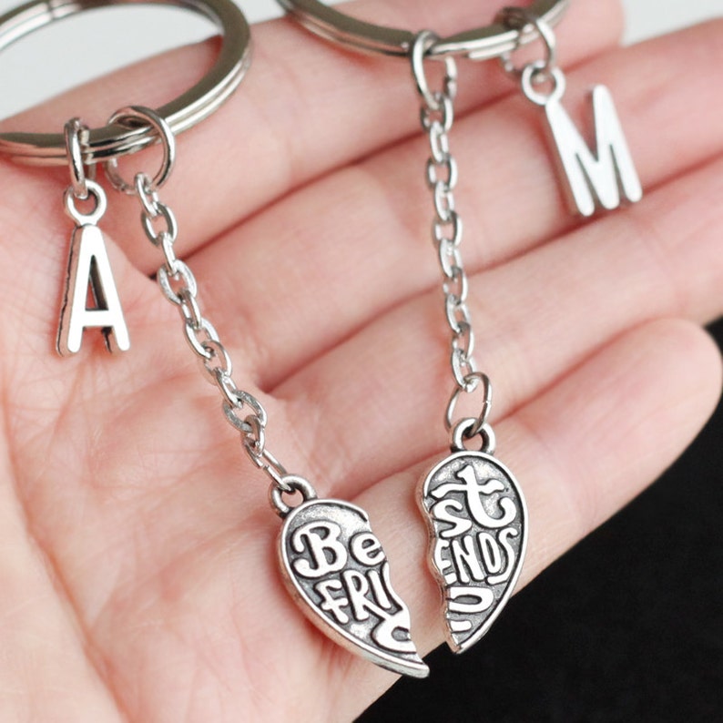Best Friends Keychain best bitches sisters gift jewelry PARTNERS IN CRIME broken heart set initials friendship Keychainset