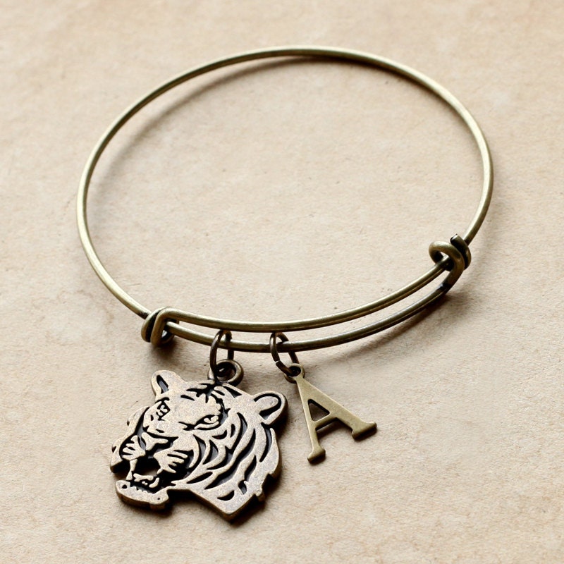 Tiger Bracelet Initial Bracelet antique brass tiger charm Etsy