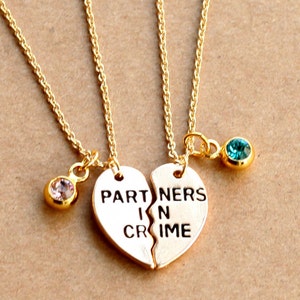 PARTNERS IN CRIME necklace, birthstone friendship necklace set, best friends, best bitches, broken heart set, sisters gift jwelry image 3