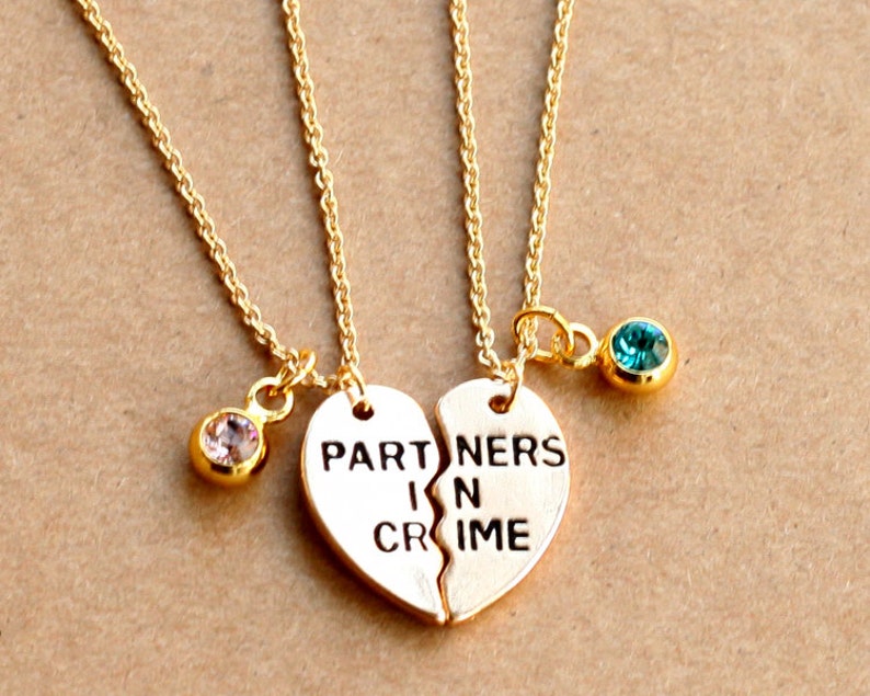 PARTNERS IN CRIME necklace, birthstone friendship necklace set, best friends, best bitches, broken heart set, sisters gift jwelry image 3