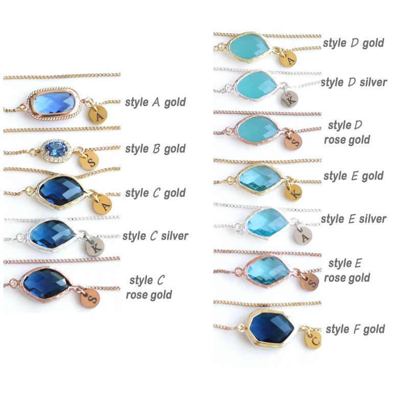 May include: Nine different styles of personalized necklaces with blue and turquoise gemstone pendants. Each necklace features a different style of pendant and a small charm with a letter on it. The necklaces are available in gold, silver, and rose gold.