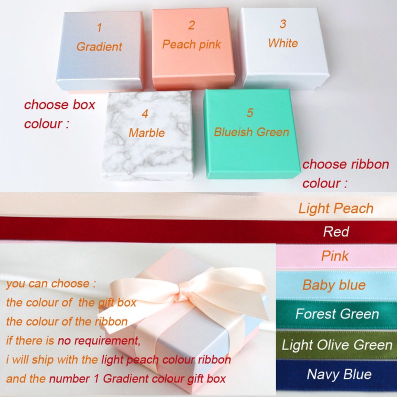 May include: Five square gift boxes in gradient, peach pink, white, marble, and blueish green colors. Below are ribbons in light peach, red, pink, baby blue, forest green, light olive green, and navy blue. A gradient box with a light peach ribbon.