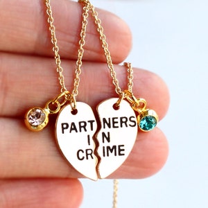 PARTNERS IN CRIME necklace, birthstone friendship necklace set, best friends, best bitches, broken heart set, sisters gift jwelry image 4