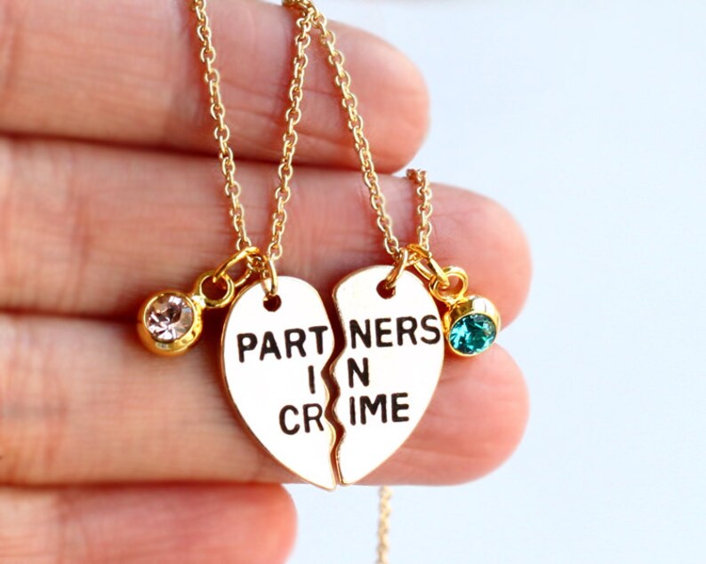 PARTNERS IN CRIME necklace, birthstone friendship necklace set, best friends, best bitches, broken heart set, sisters gift jwelry image 4