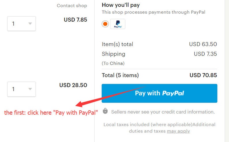 May include: A blue button with the text "Pay with PayPal" on a white background. The button is on a webpage with a shopping cart total of &pound;70.85 for 5 items.