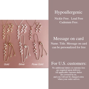 May include: A collection of jewelry sets in gold, silver, and rose gold tones, each featuring a necklace, earrings, and a sliding bracelet with a leaf-shaped design set with clear stones. Text on the image includes Hypoallergenic, Nickle Free, Lead Free, Cadmium Free, Message on card, and For U.S. customers.