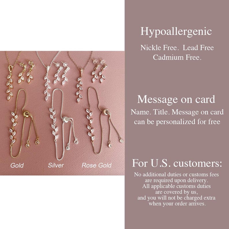 May include: A collection of jewelry sets in gold, silver, and rose gold tones, each featuring a necklace, earrings, and a sliding bracelet with a leaf-shaped design set with clear stones. Text on the image includes Hypoallergenic, Nickle Free, Lead Free, Cadmium Free, Message on card, and For U.S. customers.