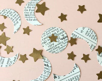 Book page moons and gold star confetti, Moons and navy blue stars confetti, Moons and stars table scatter