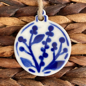 Blue and white round porcelain ornament | Blue and white floral porcelain Christmas ornament