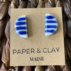 Small semicircle blue striped porcelain earrings