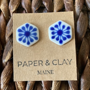 Blue and white starburst hexagon porcelain earrings | Blue and white starburst ceramic earrings