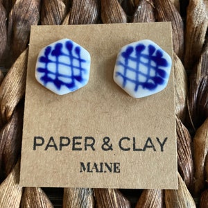 Blue and white hexagon porcelain earrings with cross hatch pattern