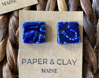 Cobalt lace patterned ceramic earrings | Blue textured ceramic earrings