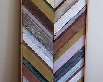 Reclaimed multicolored wood quilt, herringbone pattern - wood wall art