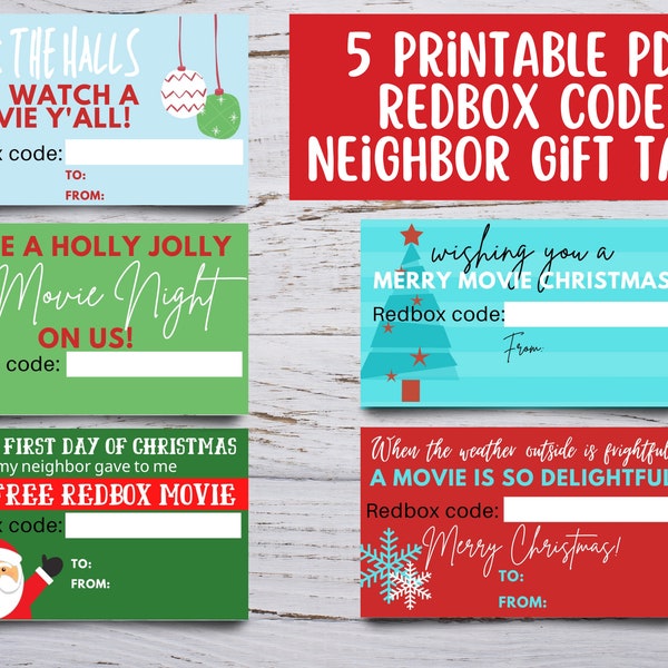 Neighbor Co-worker Teacher Christmas Gift Tag Printable Redbox Code Movie Night Instant Download 5 Options