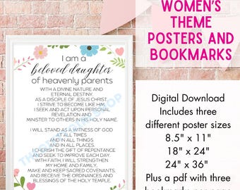 May include: A printable poster with a floral design and the text "I am a beloved daughter of heavenly parents" with a list of LDS Young Women's themes. The poster is available in three sizes: 8.5 x 11 inches, 18 x 24 inches, and 24 x 36 inches. It also includes three bookmarks per page.