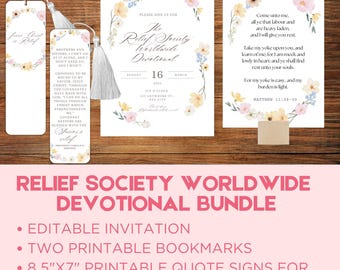 Relief Society Worldwide Devotional Printable Invitation, Bookmarks and Table Quotes | Instant Digital Download | Relief Society Bday Invite