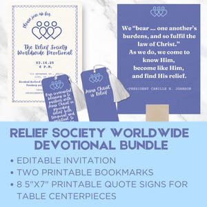 Peut inclure: Un lot imprimable pour un Devotional mondial de la Société de Secours. Le lot comprend une invitation modifiable, deux signets et deux pancartes de citation imprimables de 21,6 cm x 17,8 cm. Les pancartes de citation présentent le texte "Nous "portons... les fardeaux les uns des autres, et ainsi nous remplissons la loi du Christ." Comme nous le faisons, nous venons le connaître, devenir comme lui, et trouver son soulagement." -Présidente Camille N. Johnson" et "Jésus-Christ est le soulagement".