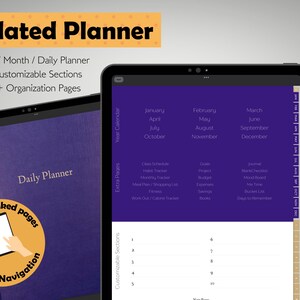 Peut inclure: Un agenda numérique non daté affiché sur une tablette. Il comprend des sections année, mois et jour, 10 sections personnalisables et plus de 20 pages d'organisation. La couverture affiche "Daily Planner". Navigation facile grâce aux pages hyperliées.