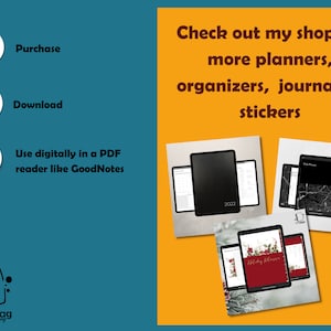 May include: Three digital planner designs on tablets. The first is a black planner with the year 2022 on the cover. The second is a black and white marble planner. The third is a red planner with the text "Holiday Planner" on the cover. The text "Check out my shop for more planners, organizers, journals & stickers" is on a yellow background.