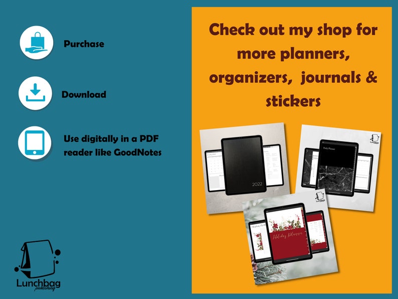May include: Three digital planner designs on tablets. The first is a black planner with the year 2022 on the cover. The second is a black and white marble planner. The third is a red planner with the text "Holiday Planner" on the cover. The text "Check out my shop for more planners, organizers, journals & stickers" is on a yellow background.