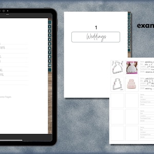 May include: A digital planner page with a list of 10 categories for wedding, engagement, floral, birthday, Halloween, Easter, Christmas, monogram, and shapes. The page also includes examples of wedding cake and dress cookie cutters with a list of details to fill in.