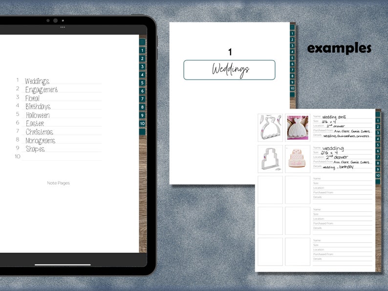 May include: A digital planner page with a list of 10 categories for wedding, engagement, floral, birthday, Halloween, Easter, Christmas, monogram, and shapes. The page also includes examples of wedding cake and dress cookie cutters with a list of details to fill in.