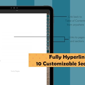 May include: A digital notebook app interface with a table of contents on the left side and a blank page on the right. The app features 10 customizable sections and allows users to link back to the table of contents from anywhere in the notebook.