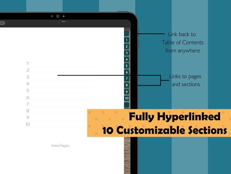 May include: A digital notebook app interface with a table of contents on the left side and a blank page on the right. The app features 10 customizable sections and allows users to link back to the table of contents from anywhere in the notebook.