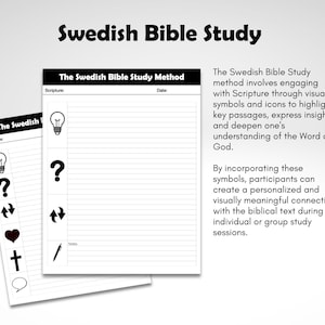 May include: Two white sheets of paper with the title "The Swedish Bible Study Method". The sheets have a black border and include icons like a lightbulb, question mark, and heart. The text "Swedish Bible Study" is at the top.