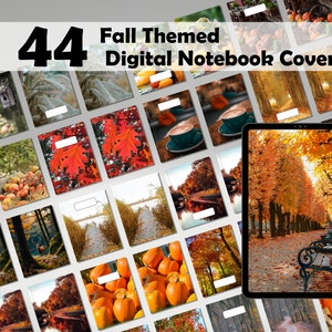 May include: 44 digital notebook covers with fall themes. The covers feature images of pumpkins, fall leaves, a forest path, a coffee cup, and a bench in a park.