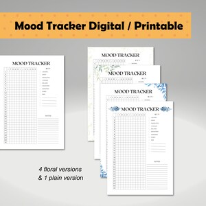 Może przedstawiać: Kolekcja wydrukowanych trackerów nastroju. Obraz przedstawia pięć różnych wzorów, w tym cztery wersje kwiatowe i jedną prostą wersję. Każdy tracker zawiera siatkę do codziennych wpisów, klucz do wskaźników nastroju i miejsce na notatki. Tekst "Mood Tracker Digital / Printable" znajduje się na górze.