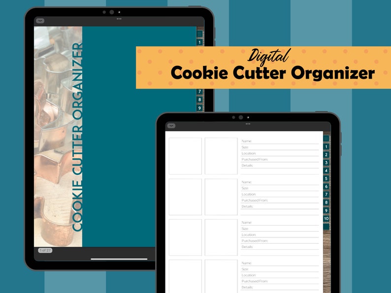 May include: Digital cookie cutter organizer on a tablet screen. The organizer has fields for name, size, location, purchased from, and details. The screen is divided into 10 sections, each with a number from 1 to 10.