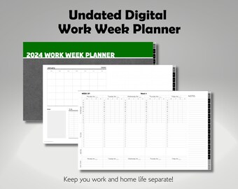 May include: A digital work week planner with a green banner that reads "2024 WORK WEEK PLANNER". The planner includes a calendar, schedule, and to-do list. The text "Keep you work and home life separate!" is also visible.