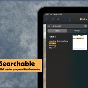 May include: A screenshot of a digital note-taking app on a tablet. The app is open to a page titled "Page 4" and contains a list of words, including "wedding", "Quincea&ntilde;era", and "princess". The app also has a search bar with the word "princess" typed in.