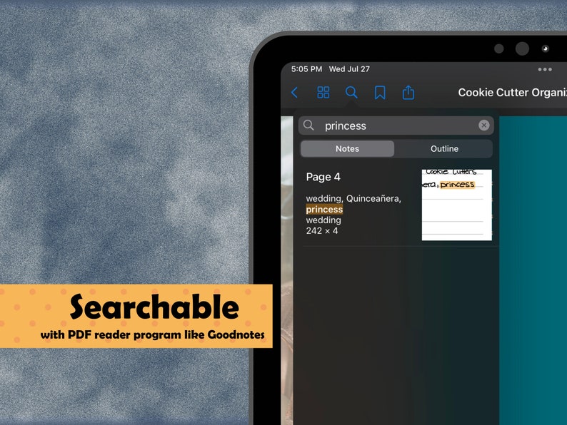 May include: A screenshot of a digital note-taking app on a tablet. The app is open to a page titled "Page 4" and contains a list of words, including "wedding", "Quincea&ntilde;era", and "princess". The app also has a search bar with the word "princess" typed in.