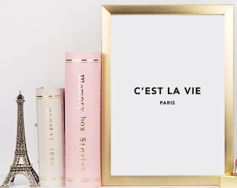 May include: A gold picture frame with a white background and the text "C'EST LA VIE PARIS" in black. The frame is sitting on a white surface next to two pink and white books and a small Eiffel Tower figurine.