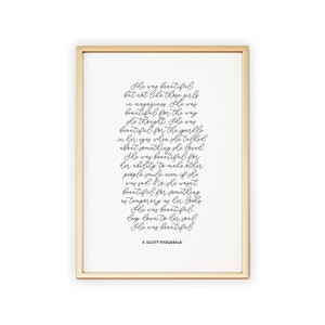 She Was Beautiful | F Scott Fitzgerald Quote | Motivational Inspirational Book Literature Print Wall Home Decor Wall Art