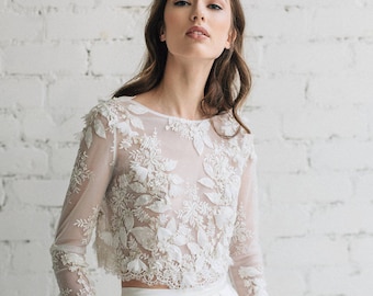 Lace Wedding Top, Ivory Gold Long Sleeve Bridal Lace Top with 3D Decor, Wedding Dress Separates - CAMILA