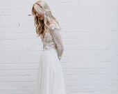 Lace Wedding Dress, Chiffon Bridal Skirt, Long Sleeve Wedding Dress, 3D Lace Wedding Top, Open Back Deep V Wedding Gown - CHARLOTTE