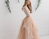 Ombre Blush Wedding Dress, Long Sleeve Lace Wedding Dress, Blush Copper Bridal Tulle Skirt with Train, Deep V Lace Wedding Top - MELANIE