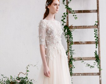 3D Floral Lace Wedding Dress , Bridal Gown , Tulle Wedding Dress , Long Sleeve Wedding Dress, Gown with Train , Champagne Nude Gold - CAMILA