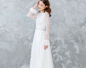 Chiffon and Lace Wedding Dress, Maxi Wedding Skirt, Long Sleeve Wedding Dress, Ivory Wedding Dress for Bohemian Bride - LUKNE